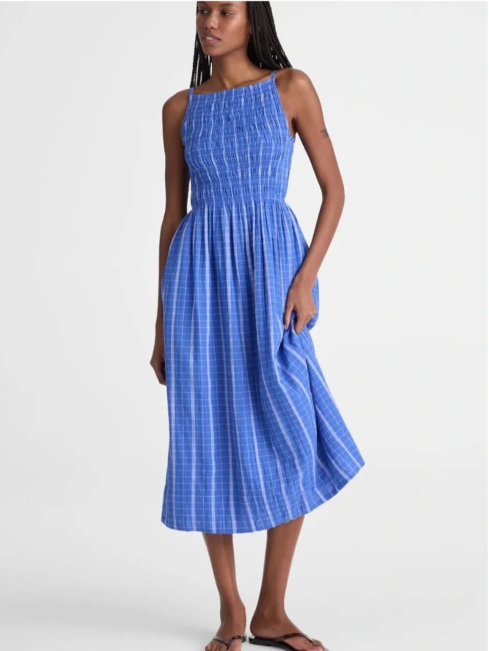 Madewell Smocked Boatneck Maxi Dress Blue Plaid Sz S NWT